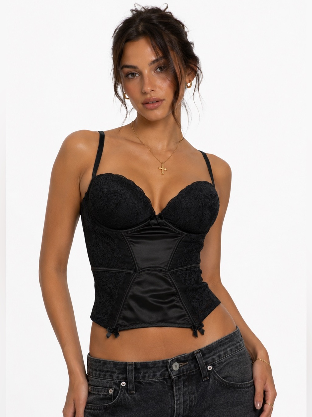 90s European Vintage Satin Lace Mesh Push-Up Corset Top Bustier (Black) Size M